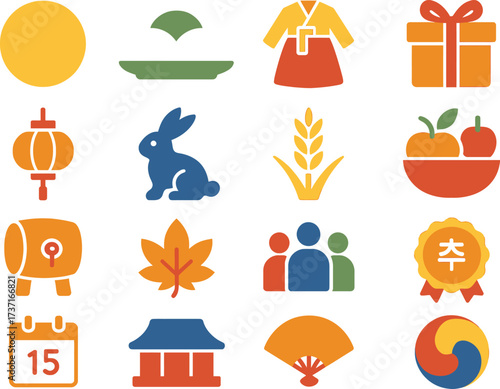 Hangawi (Korean Chuseok) 16 Solid Color Icon Set Collection on White Background