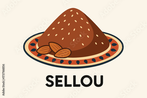 Flat, minimal illustration of Sellou featuring central arrangement: small mound of sellou, almonds, sesame seeds, decorative plate. Bold text Sellou underneath. Solid flat colors, smooth edges, no gra