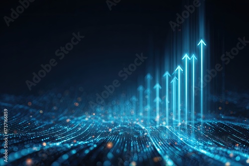 Abstract image showing glowing arrows pointing upwards, symbolizing growth and progress, on a dark background