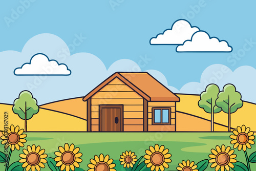 Charming wooden cabin nestled in a field of sunflowers under a blue sky