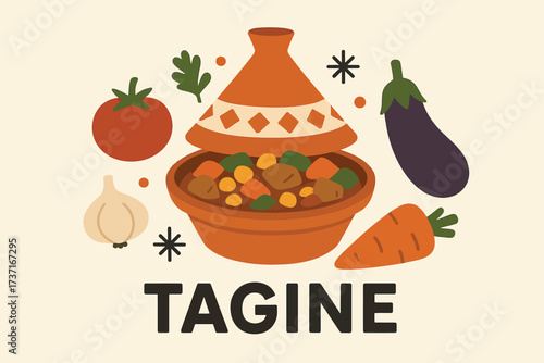 Flat, minimal illustration of Tagine featuring central arrangement: tagine pot, stew ingredients, vegetables, decorative elements. Bold text Tagine underneath. Solid flat colors, smooth edges, no grad