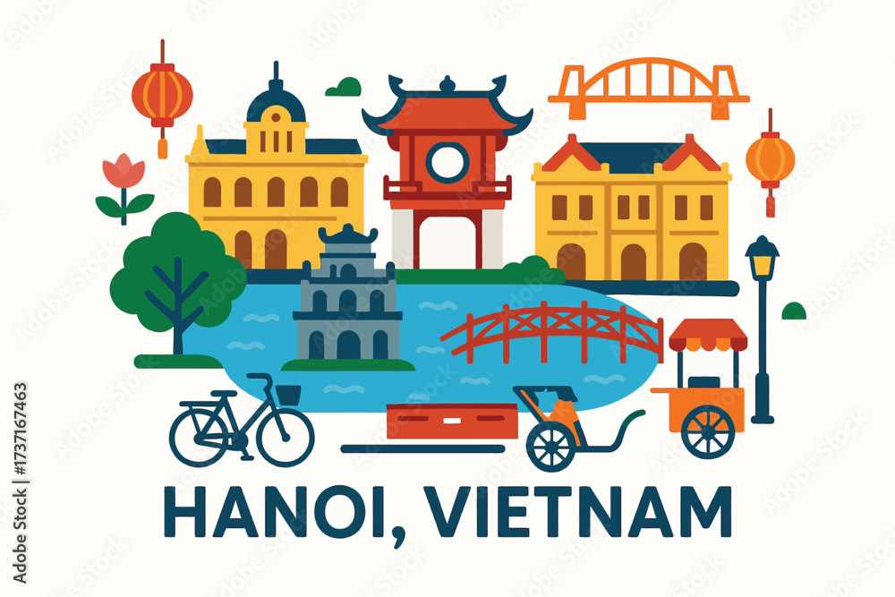 Naklejka premium Hanoi City Illustration Central Composition