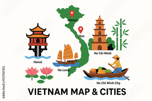 Vietnam Map and City Landmarks Illustration