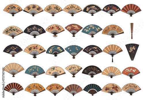 An assortment of intricately designed folding fans with decorative patterns.