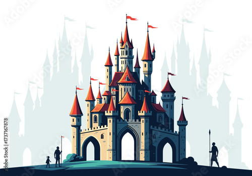Majestic medieval fairytale castle with flags and guards in front of a misty background.