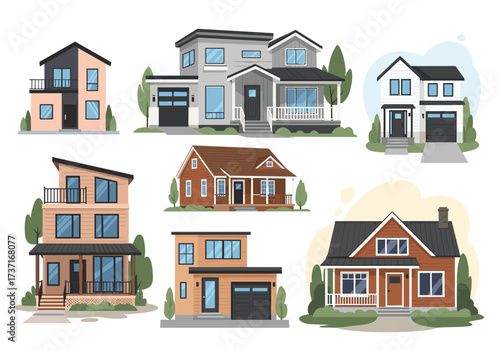 A collection of diverse modern and traditional house designs showcasing architectural variety.