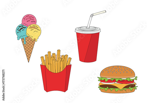 A delicious assortment of popular fast food items including a juicy burger crispy fries a refreshing soda and a colorful ice cream cone.