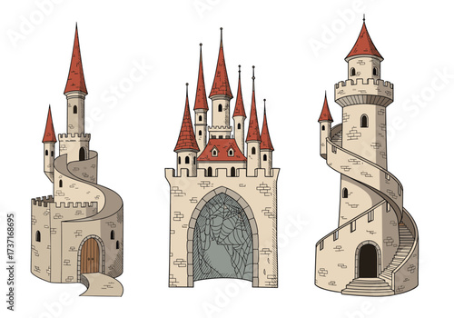 Three fantasy castles with spiraling staircases and red conical roofs.