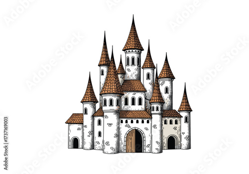 A majestic fairytale castle with towering spires reaching towards the sky.