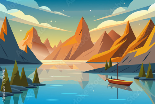 Serene mountain lake landscape with a small boat at sunset
