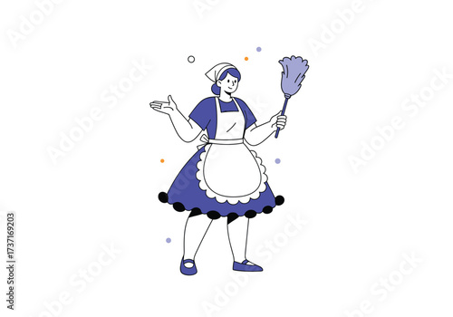 A charming cartoon illustration of a smiling maid holding a duster and performing her cleaning duties.