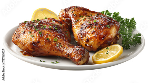 Two juicy chicken drumsticks with lemon isolated on transparent background