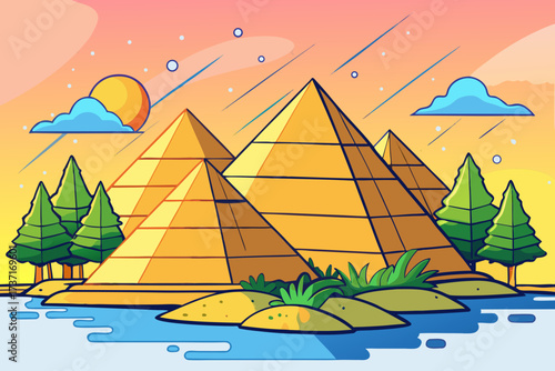 Stylized egyptian pyramids with trees and water under a colorful sunset sky