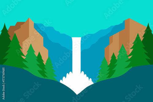 Flat design waterfall flowing down mountains surrounded by pine trees