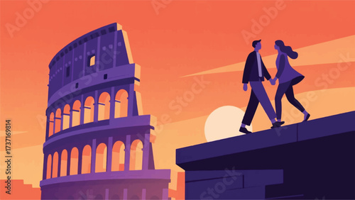 couple in love in the museum building Illustrator Artwork Banner Background Design Template 