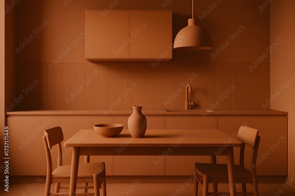 Fototapeta premium Minimalist Monochromatic Terracotta Kitchen Interior Design