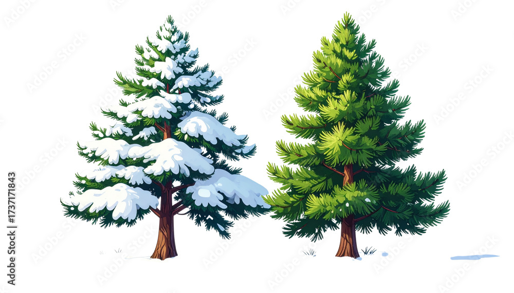 Fototapeta premium Snow-covered pine tree and green pine tree isolated on transparent background