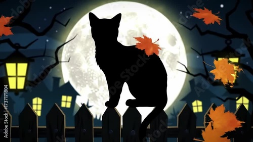 Animated Black Cat Silhouette on a Fence with Full Moon and Falling Autumn Leaves for Halloween.