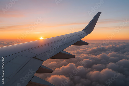 Airplane Wing Over Clouds During Majestic Sunrise Or Sunset Sky