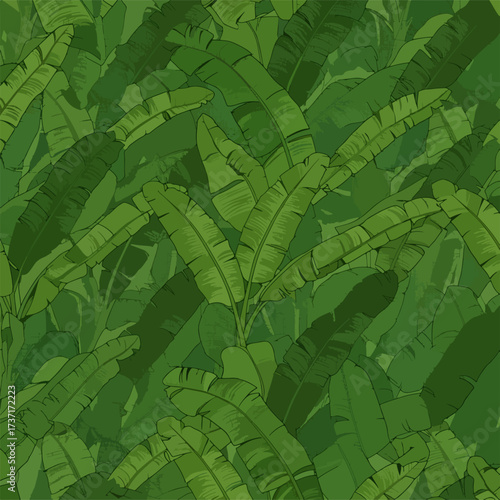 Dense tropical foliage pattern with vibrant green leaves, lush nature scene evoking feelings of tranquility, perfect for backgrounds, textiles, or digital designs