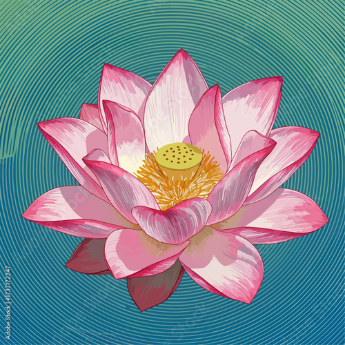Stunning pink lotus blossom radiating peace and tranquility, perfect for wellness, spiritual, or zen themed designs, originally a scalable vector graphic
