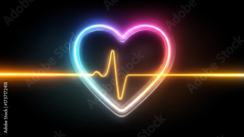 Glowing neon heart symbol with animated pulse wave on dark background