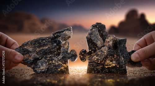 Hands Connecting Puzzle Pieces In Desert Sunset