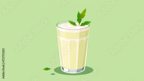 Fresh cold green fruit smoothies of banana with mint and kiwi in a glass of healthy beverage with milk