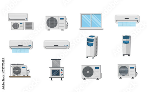 Illustration showing various types of air conditioning units including window and split systems and portable acs