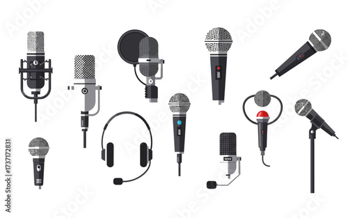 Illustration showing a collection of various microphones and a headset on a white background space
