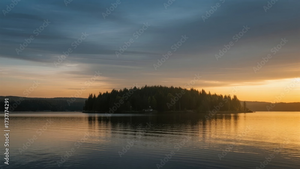 Obraz premium Sunset over a forested island in a calm lake with reflective water and dramatic sky