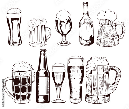 Vintage Hand-Drawn Beer Collection – Mugs, Bottles, Hops & Oktoberfest Elements