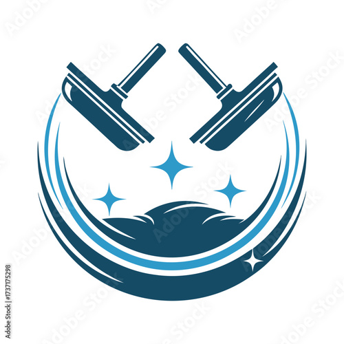 Two squeegees cleaning a circular area with blue waves and sparkling stars window glass