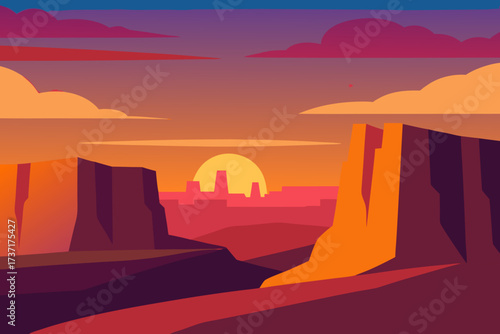 Vibrant desert canyon landscape at sunset with colorful sky and rock formations