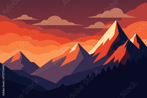 Vibrant sunset paints dramatic mountain peaks with warm orange and purple hues