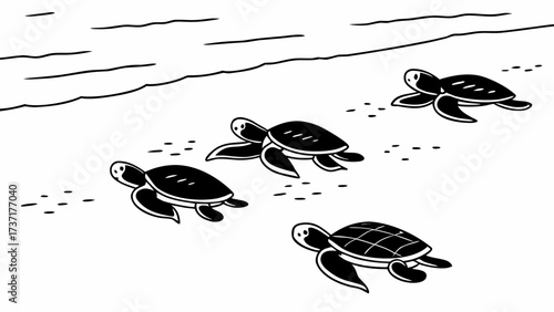 Four turtle hatchlings crawling towards the ocean from the beach in a black and white illustration created with generated ai 