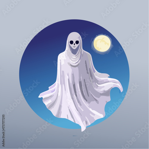 Ethereal ghost haunting a nocturnal scene, a spectral apparition with a chilling visage under a full moon, embodying spooky supernatural presence