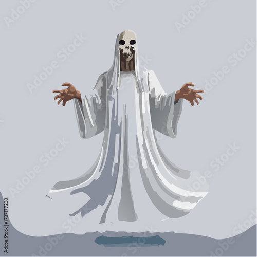 Ethereal Halloween ghost, a spectral apparition with a chilling visage. This translucent phantom floats silently, embodying a mysterious and haunting presence, perfect for spooky themes