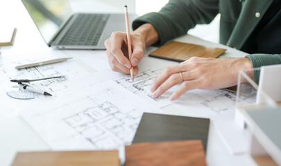 Architecture interior Asianman Creative project plan designer home and Choose interior materials  drawing interior on blueprint.