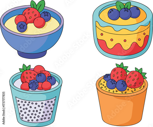Four colorful fruit parfaits and puddings in bowls and cups strawberry blueberry