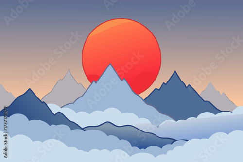 Stylized mountain range with a large red sun setting behind peaks and clouds