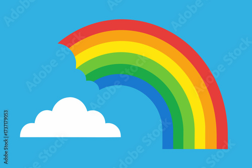 Bright rainbow arch with fluffy white cloud against a clear blue sky