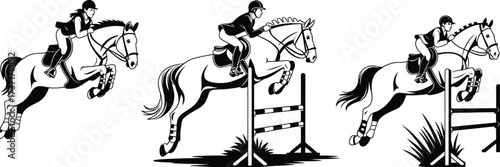 Horse Jumping Illustration,  Equestrian Riders Competing, Professional Show Jumping Event, Horseback Riding Contest Vector, Athletic Riders Over Obstacles, Outdoor Sport Arena Design, Classic Horse Ri