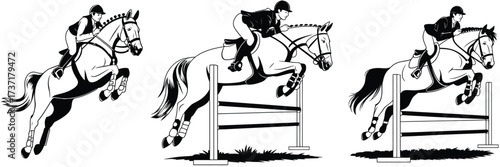 Equestrian Riders Jumping Hurdles,  Horseback Riding Competition Vector