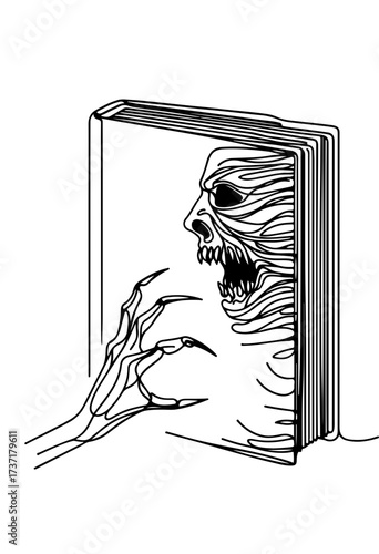 Zombie's hand reaches towards a book with a screaming zombie on the cover (horror book), one-line illustration