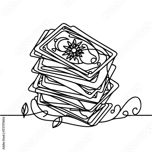 Scattered tarot cardssingle line illustration