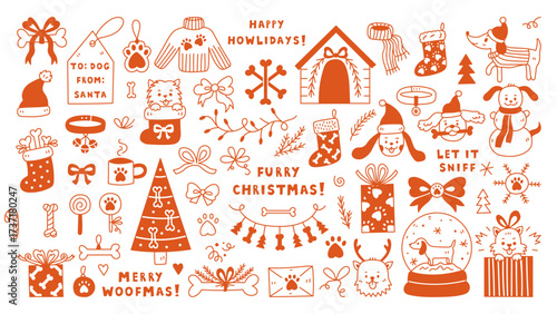 Dog Christmas Doodle Set. Large Collection of Whimsical Playful Pet Accessories. Holiday hand drawn elements, icons, happy puppies bones gifts hats stocking. Vector illustration