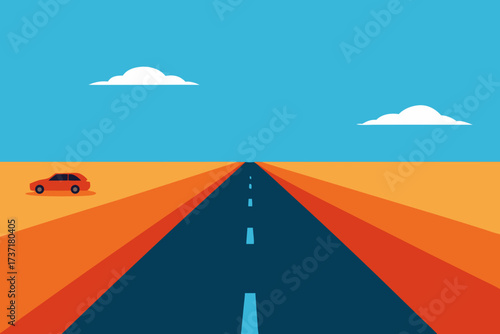 A lone red car drives down a long straight highway through a colorful desert landscape