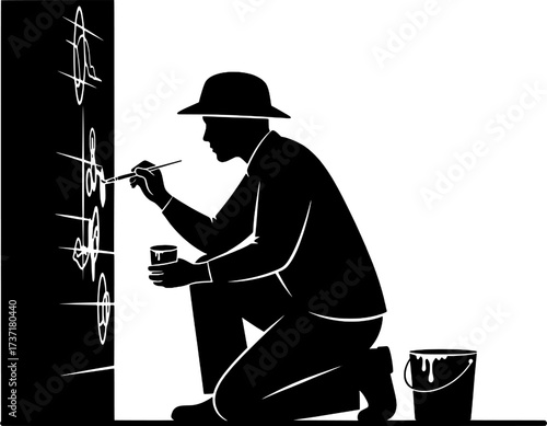 Artist or Painter Creating Art on Wall Silhouette Icon