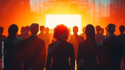 Silhouetted crowd of people facing a bright light in a warm, orange-toned environment.